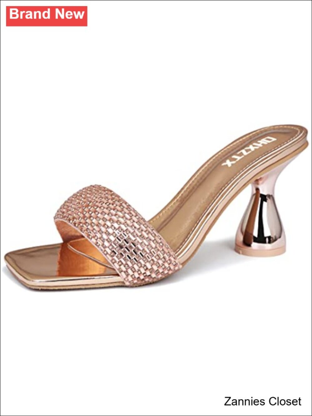 ✨ Sparkly Rhinestone Kitten Heel Mules Square Toe Slip On Heeled Sandals